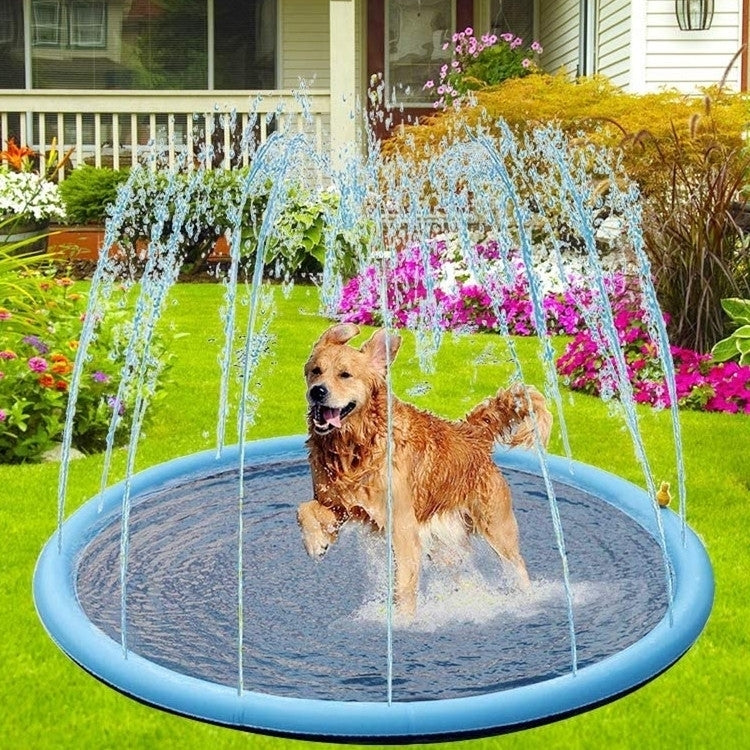 Blue round PVC splash mat with active sprinkler water streams