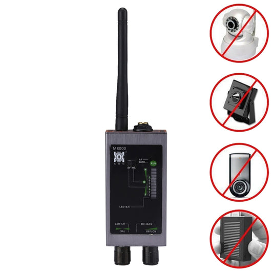 Multi-functional anti-spy detector with long antenna and front indicator panel, black.