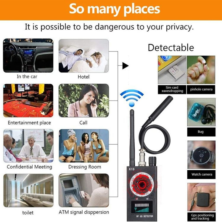 K18 wireless signal detector with antenna and cable, with usage cards