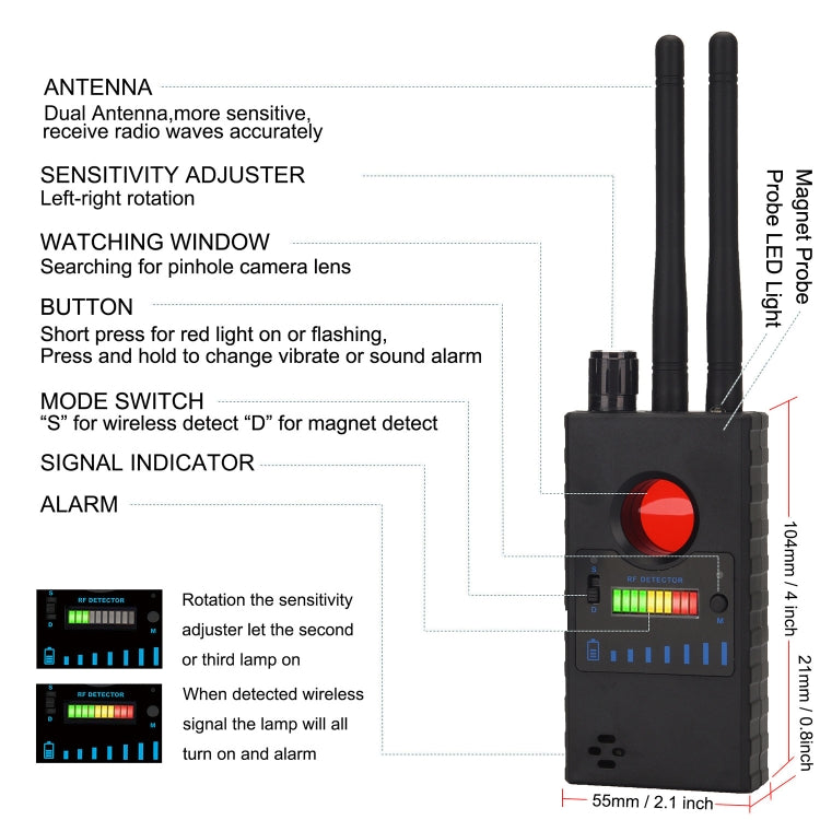 Wireless signal detector diagram view with dual antennas and red circular button