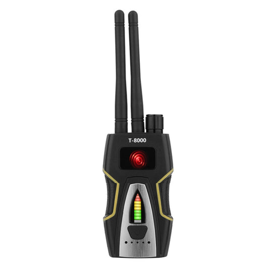 T-8000 RF signal detector handheld with two antennas and glowing indicator lights