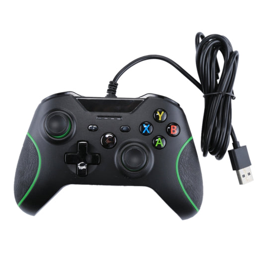 Black wired game controller with green trim, A/B/X/Y buttons, and dual analog sticks
