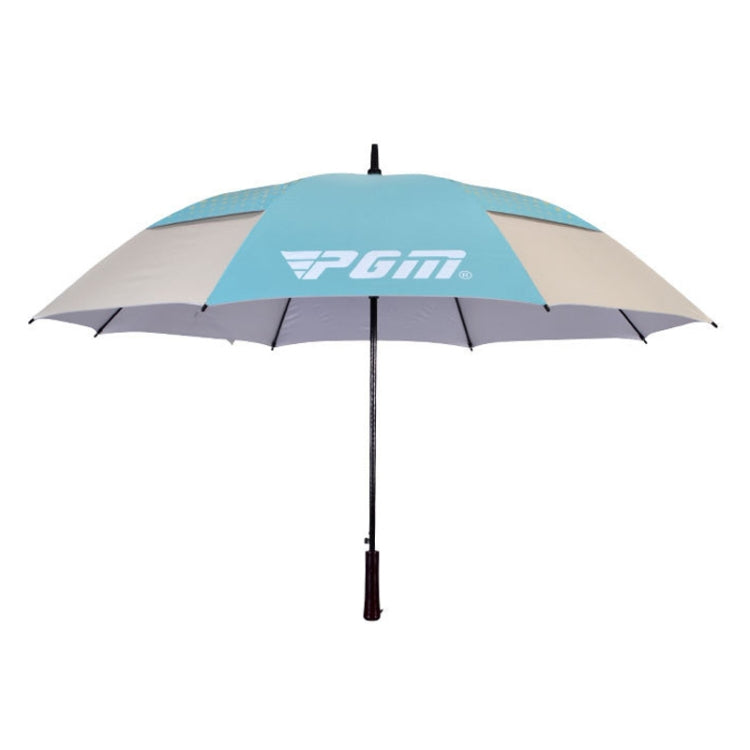 Blue golf sun protection automatic umbrella with beige side panels and dark pole