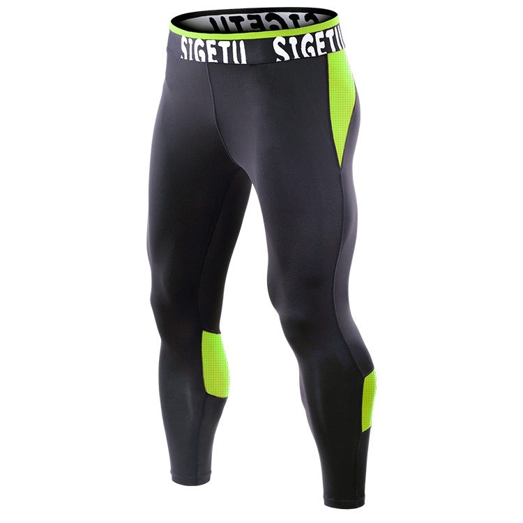 Men's black quick-dry fitness trousers with neon green side panels and elastic waistband