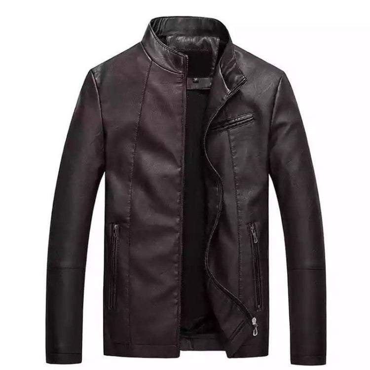 Men's slim-fit dark PU leather jacket with stand collar and front zipper, side zip pockets
