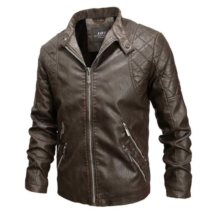 Men's leather jacket with stand collar, zip front, snap cuffs, and angled pocket