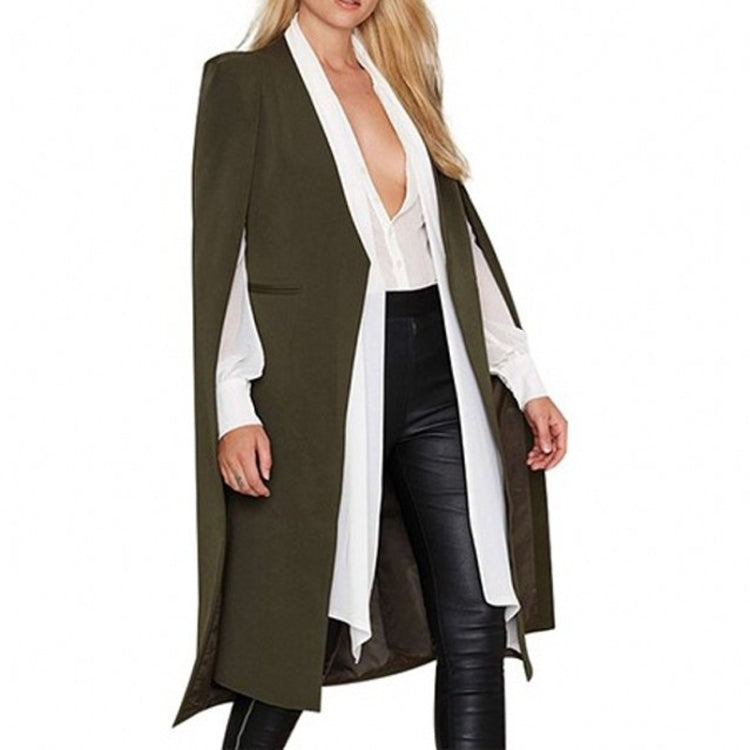 Women’s dark olive open-front coat with cape-style shoulders and draped hem