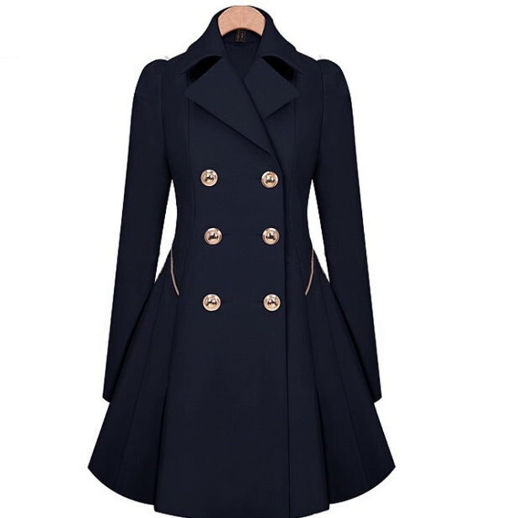 Dark mid-length trench coat with double-breasted front, notch lapels, gold buttons