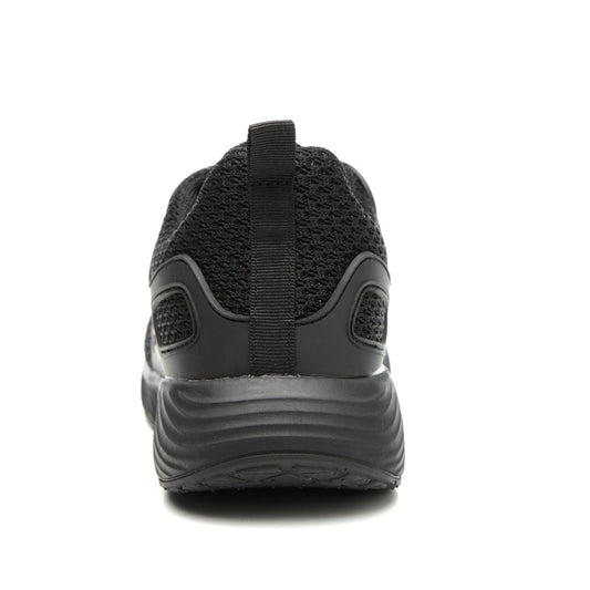 Black electrical-insulating work shoes viewed from the back with cushioned heel