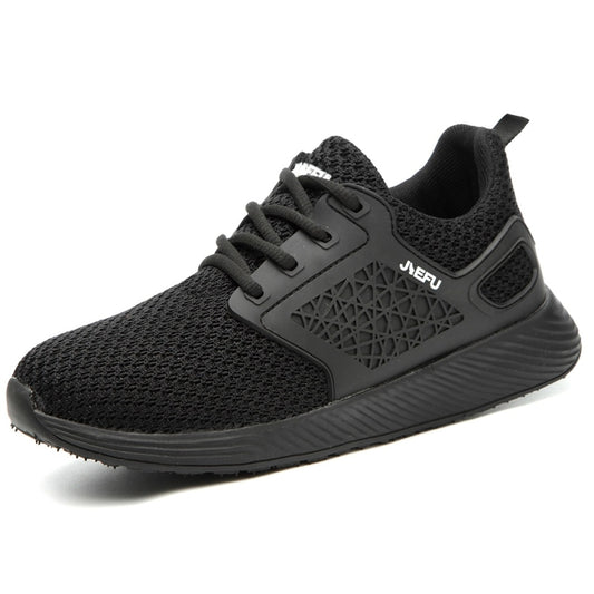 Black lace-up electrical-insulating work shoes with breathable mesh upper