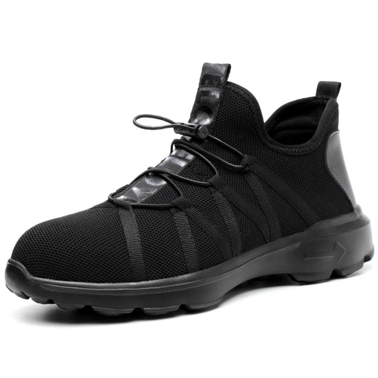 Black breathable mesh safety sneaker with lace-up closure and protective heel