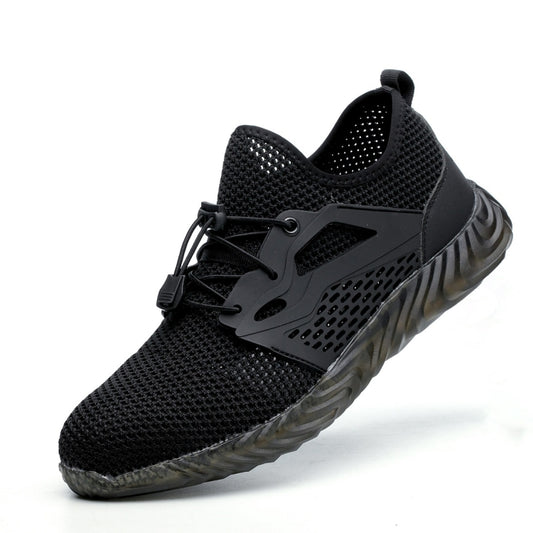 Black mesh work safety shoes with lace-up front and protective toe, cushioned sole