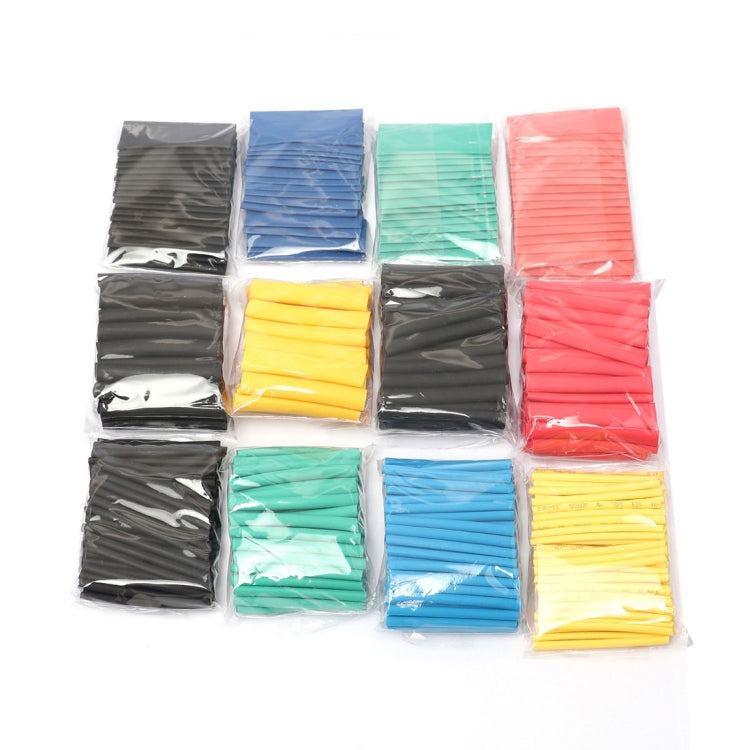 Heat-shrink tubing packs in black, blue, teal, red, and yellow sealed bags