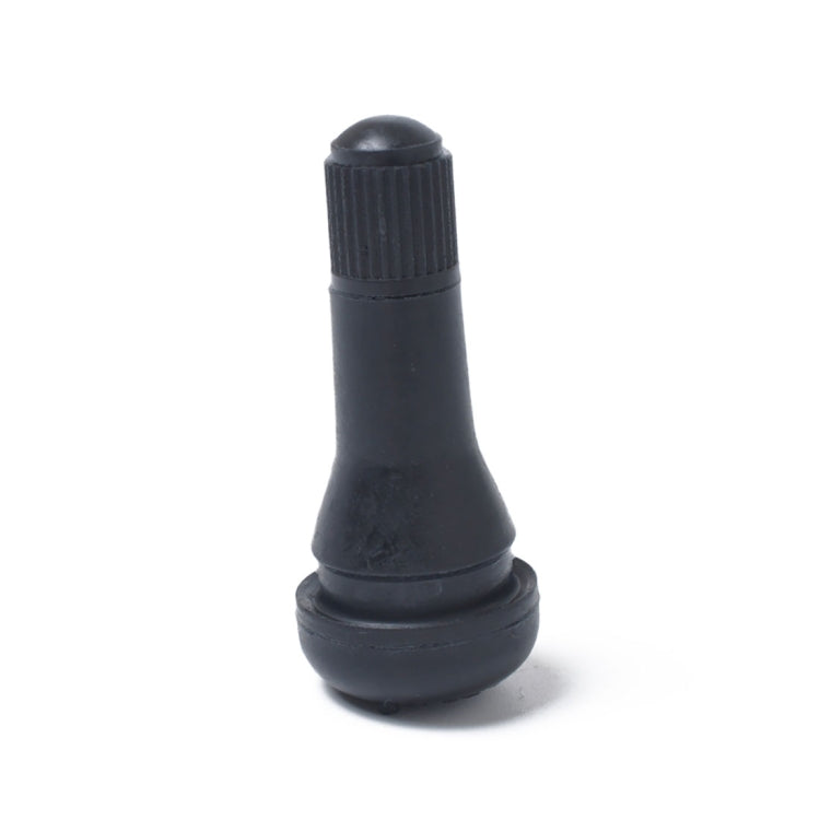 Single short black rubber snap-in valve stem with ribbed top for installation