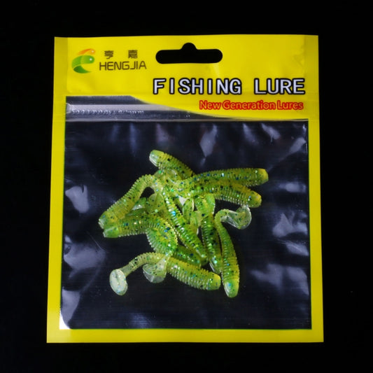 Green glitter soft fishing lure worms set in sealed blister pack