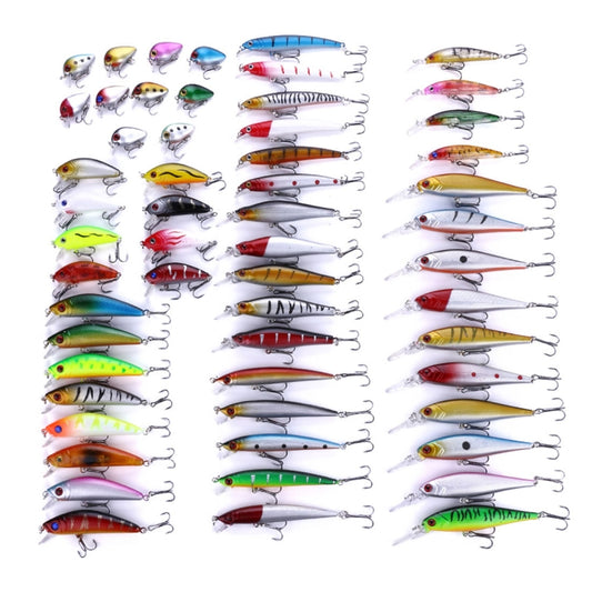 Assorted fishing lure set with metal sequin bodies in multiple colors, 56-count