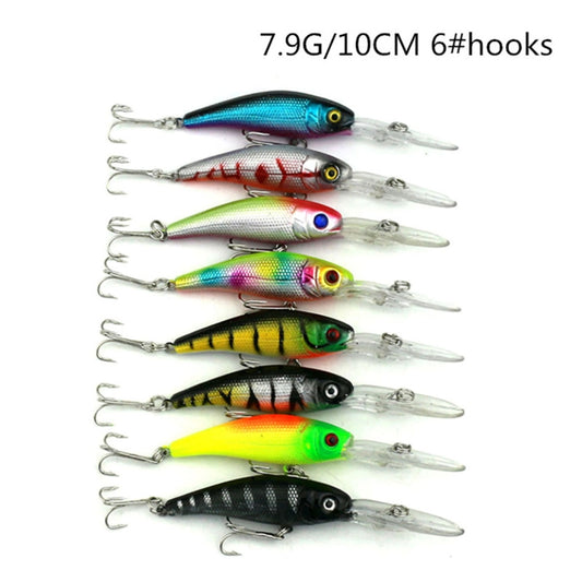 Six colorful shad-style crankbait lures with clear bodies and metal hooks.