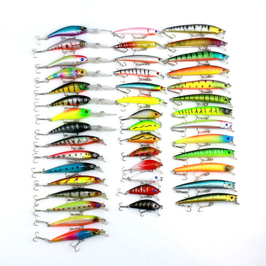 Assorted fishing lure set with many colorful crankbaits and metal treble hooks.