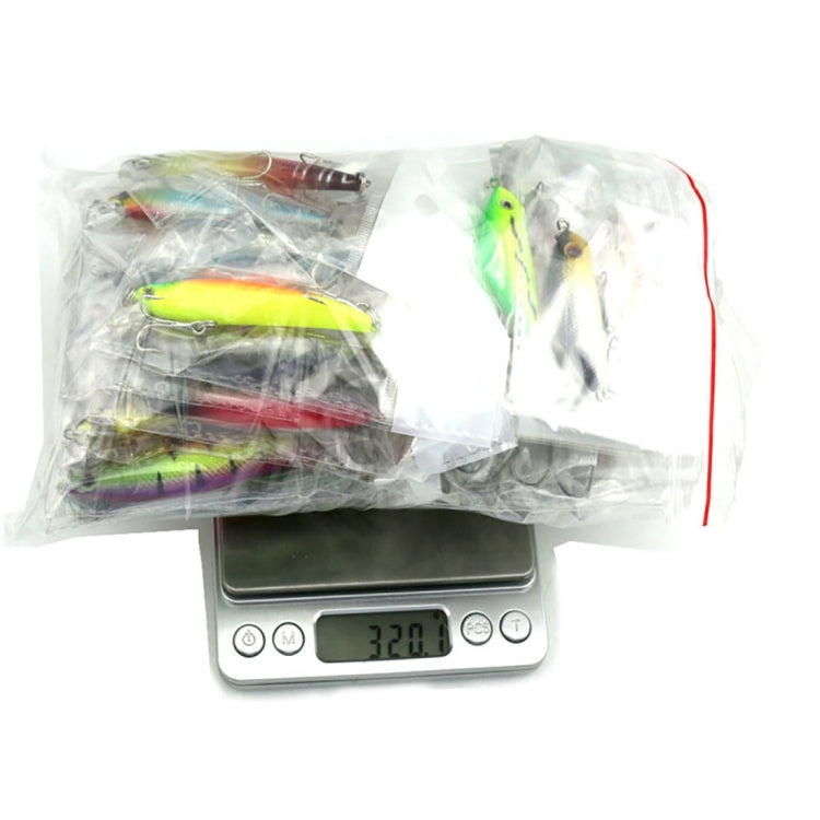 Bagged fishing lure set with scale showing weight; multiple colorful lures with hooks.