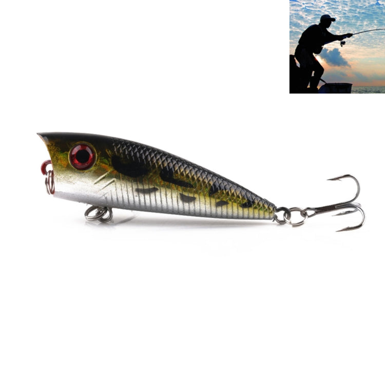 Fishing hard bait lure, silver and dark pattern body with red eye, two treble hooks