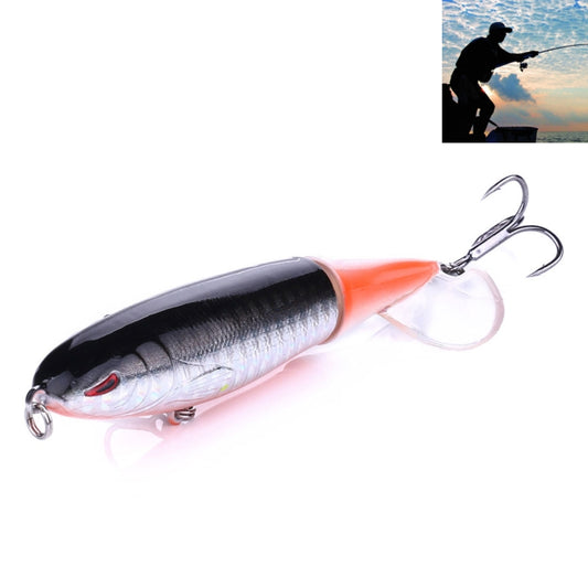 Propeller-shaped hard fishing lure, orange and silver body, clear skirt, treble hook