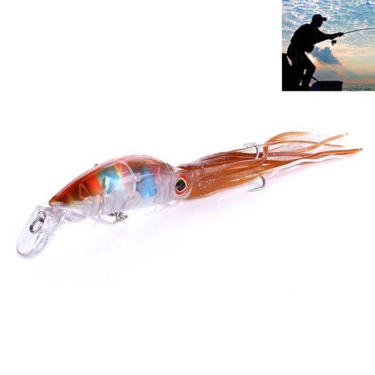 Octopus-shaped hard fishing lure, orange with blue belly and clear body