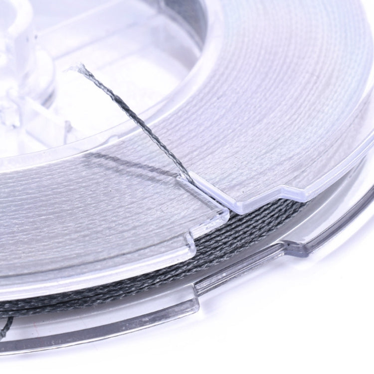 Gray braided fishing line tail exiting a reel spool with clear plastic edge