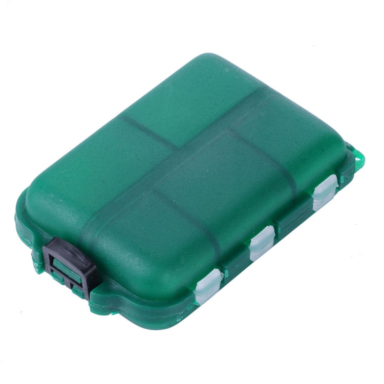 Green clamshell tackle box side view with black latch and clear inserts