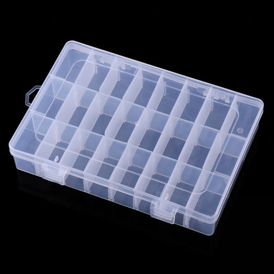 Clear rectangular tackle box with snap-closure and 24 grid compartments