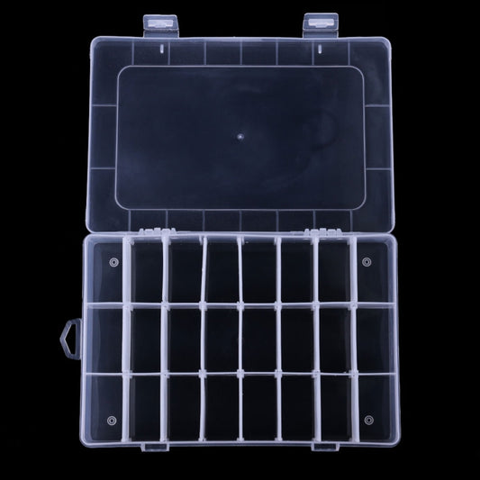 Clear waterproof fishing tackle storage box with 24 grid compartments, hinged lid