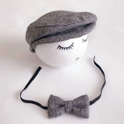 Newborn cabbie hat and bowtie set, dark gray herringbone cap with bow and ribbon ties