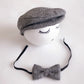 Newborn cabbie hat and bowtie set, dark gray herringbone cap with bow and black ties