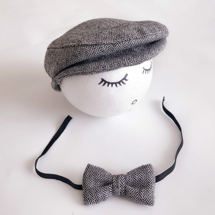 Newborn cabbie hat and bowtie set, dark gray herringbone cap with bow and black ties