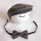 Newborn cabbie hat and bowtie set, gray herringbone cap with bow and black ribbon ties