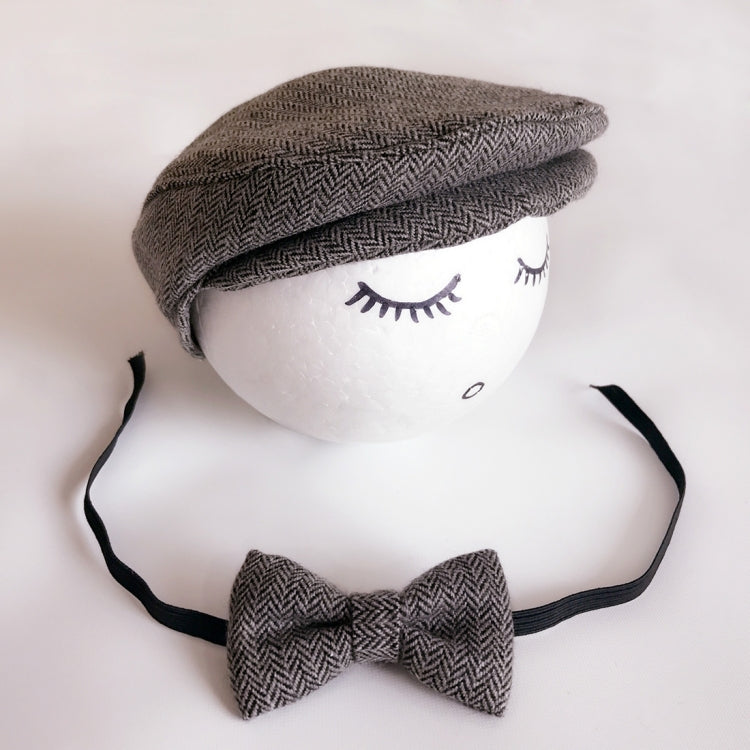 Newborn cabbie hat and bowtie set, gray herringbone cap with bow and black ribbon ties