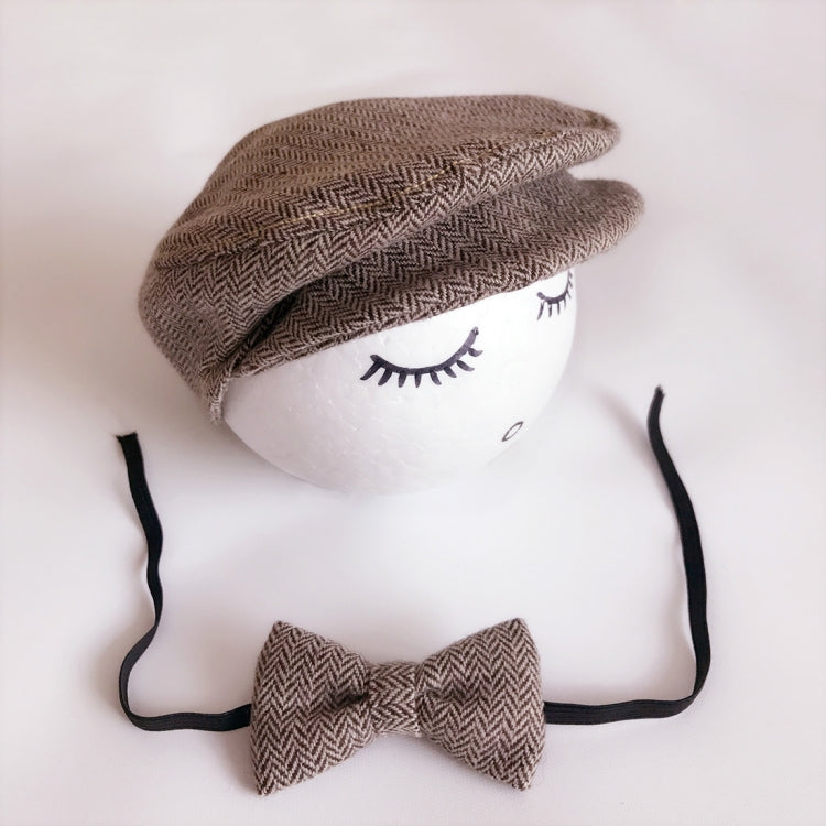 Newborn cabbie hat and bowtie set, taupe herringbone cap with bow and black ties