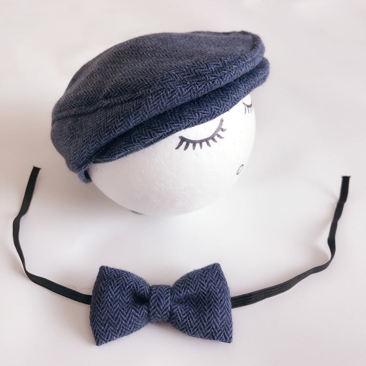 Newborn cabbie hat and bowtie set, blue herringbone cap with bow and black ties
