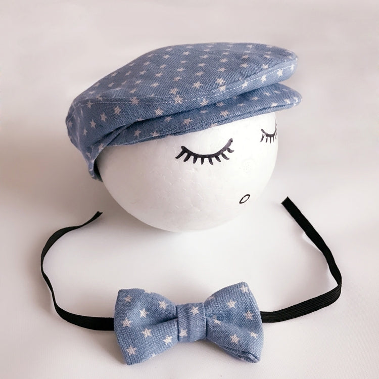 Newborn cabbie hat and bowtie set, blue star-pattern cap with bow and black ties