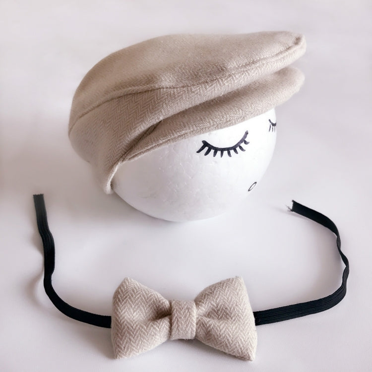 Newborn cabbie hat and bowtie set, light beige cap with bow and black ties