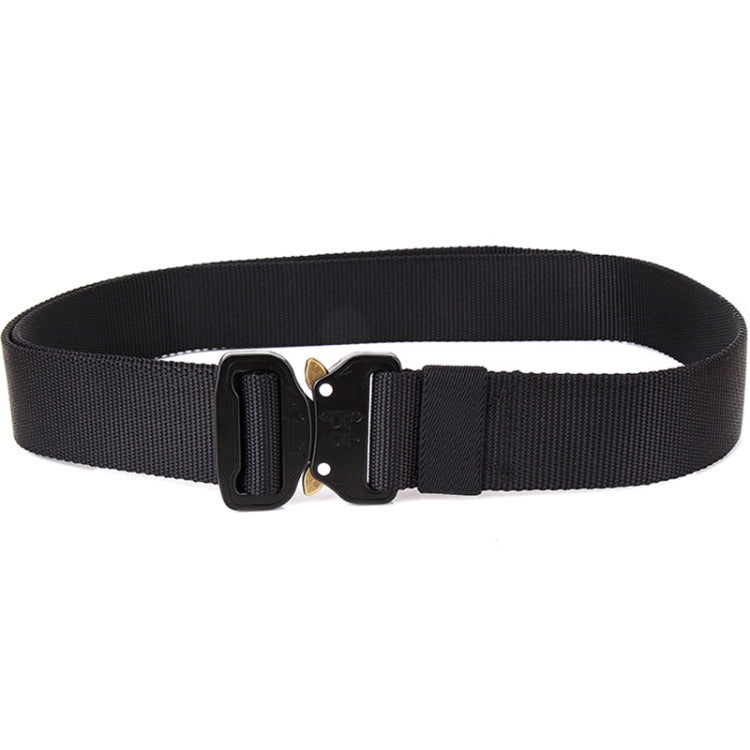 Black nylon belt with quick-release buckle and interlocking keeper straps