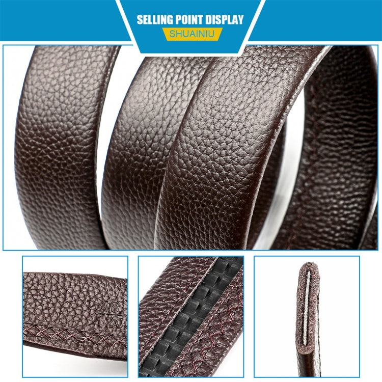 Brown leather belt close-up with textured grain and detailed stitching.