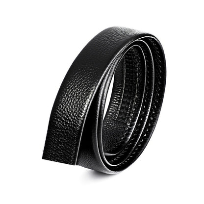 Black cow leather belt, textured grain, folded double-layer view, no buckle