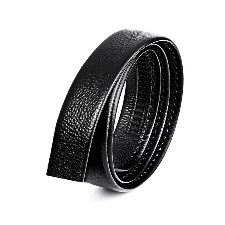 Black leather belt strap with textured grain, shown folded to display thickness
