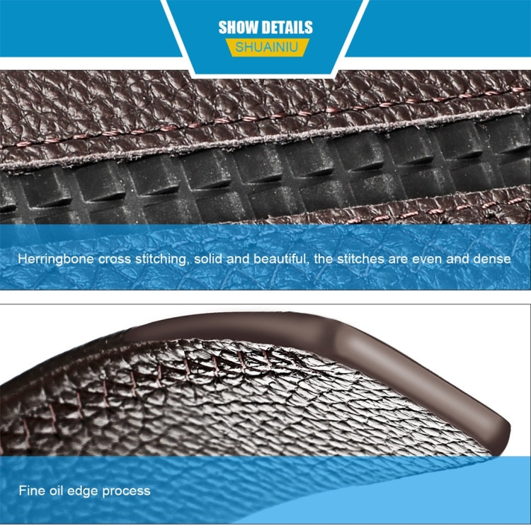 Close-up of brown leather belt edge with herringbone-style stitching and cross texture