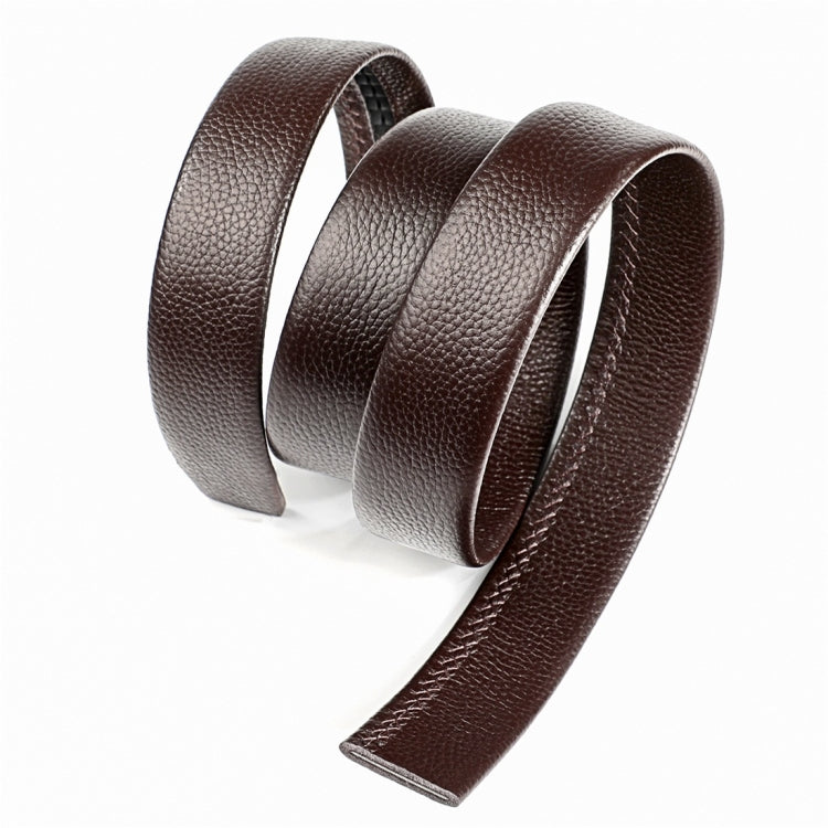Brown leather belt strap with pebble-grain texture, coiled in overlapping loops