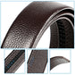 Brown leather belt strap close-up with pebbled texture and stitched edge