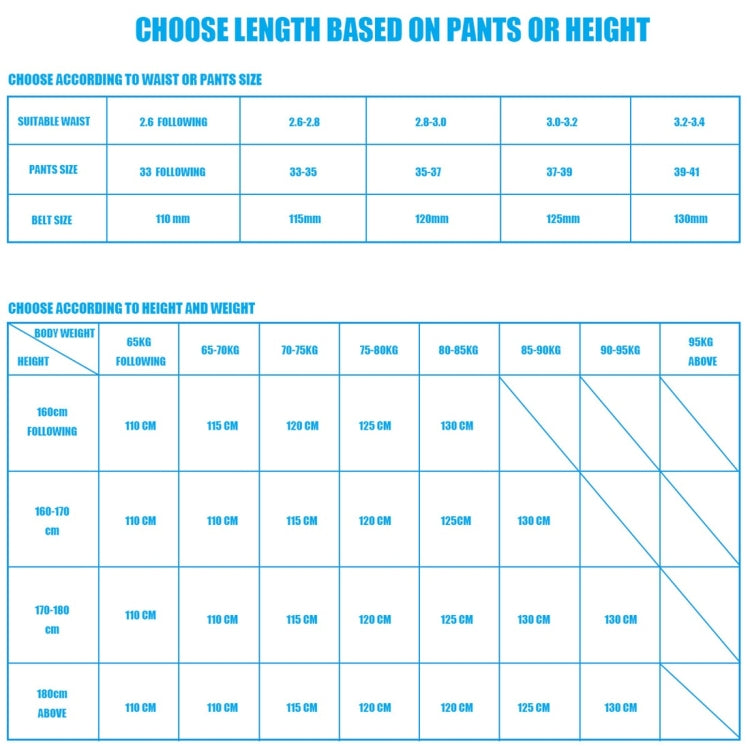 Belt sizing guide chart for choosing length based on height and weight