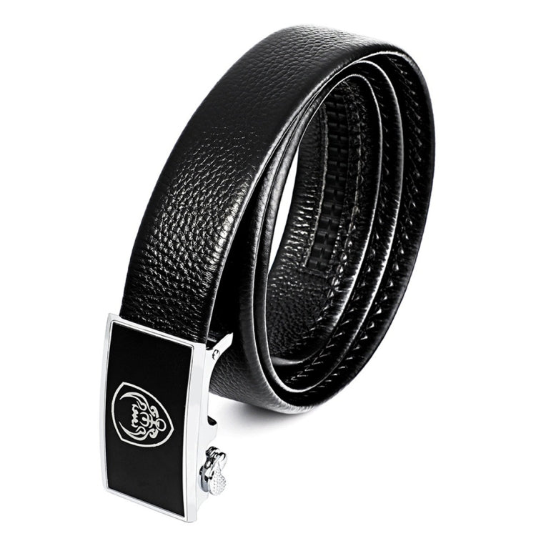 Men's black cow leather belt with silver buckle, textured grain, 130cm length