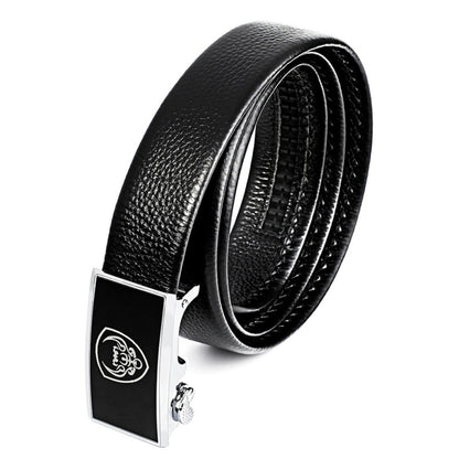 Men's black cow leather belt with silver buckle, textured grain, 130cm length