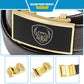 Men's black cow leather belt with gold buckle, decorative shield emblem